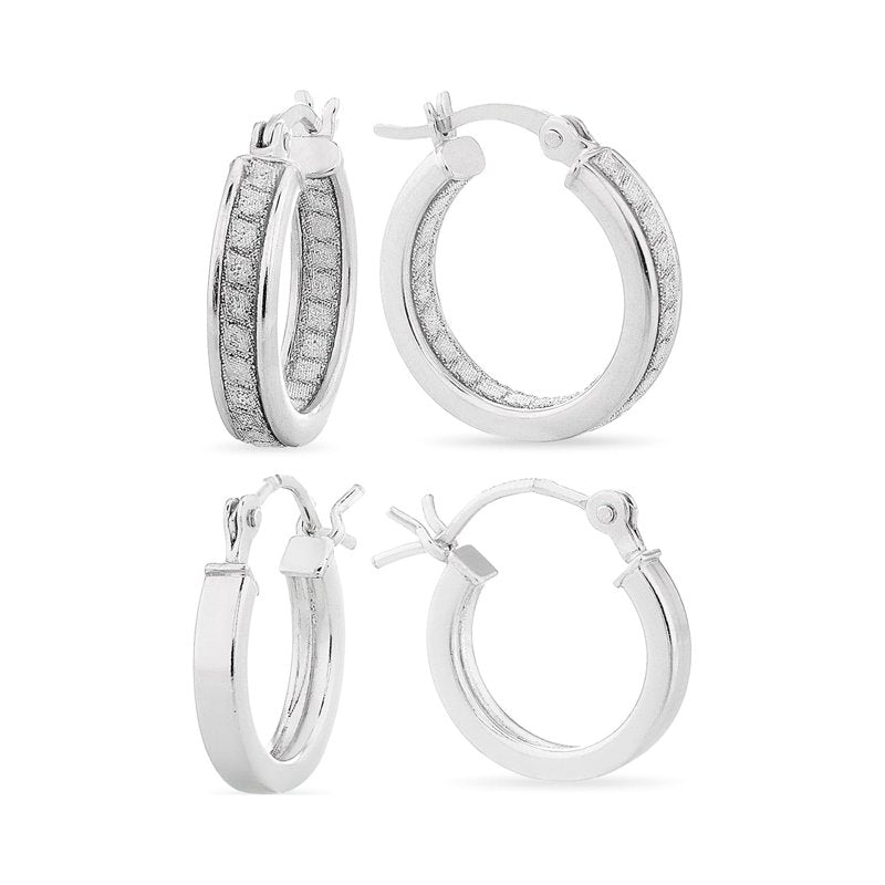 Sterling Silver Hoop Earrings Set with Glitter and Polished Finish | Hypoallergenic Jewelry