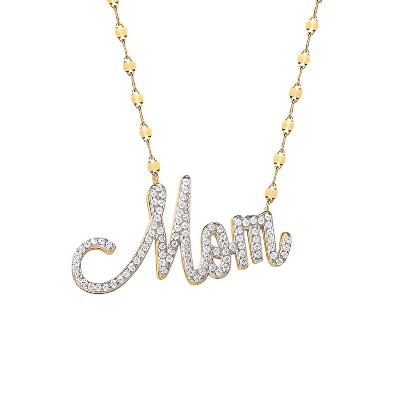 Gold and Rhodium Plated Sterling Silver Mom Necklace with CZ Stones - 18 Inch Chain