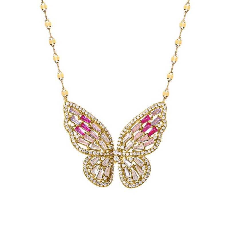 Gold Plated Sterling Silver Butterfly Necklace with Cubic Zirconia for Women