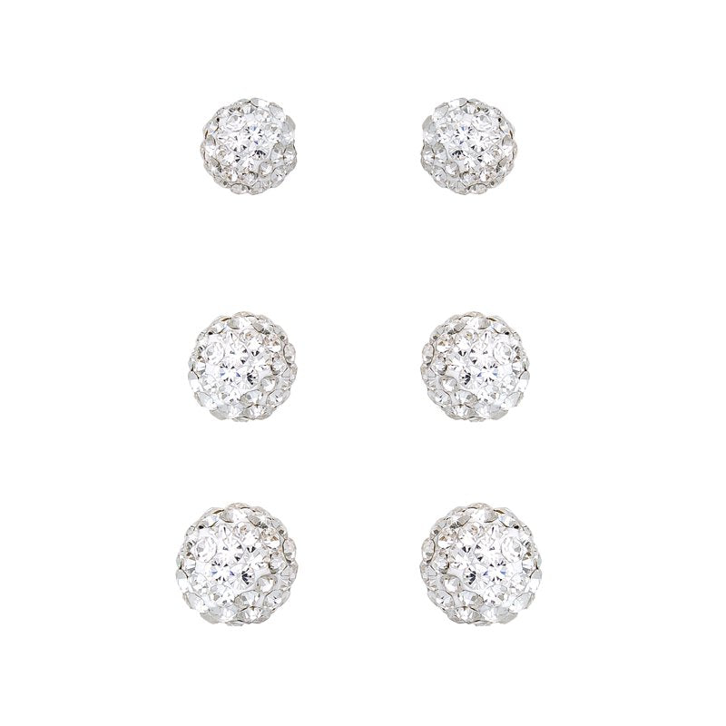 Sterling Silver Crystal Ball Stud Earrings Set - 3 Sizes for Women