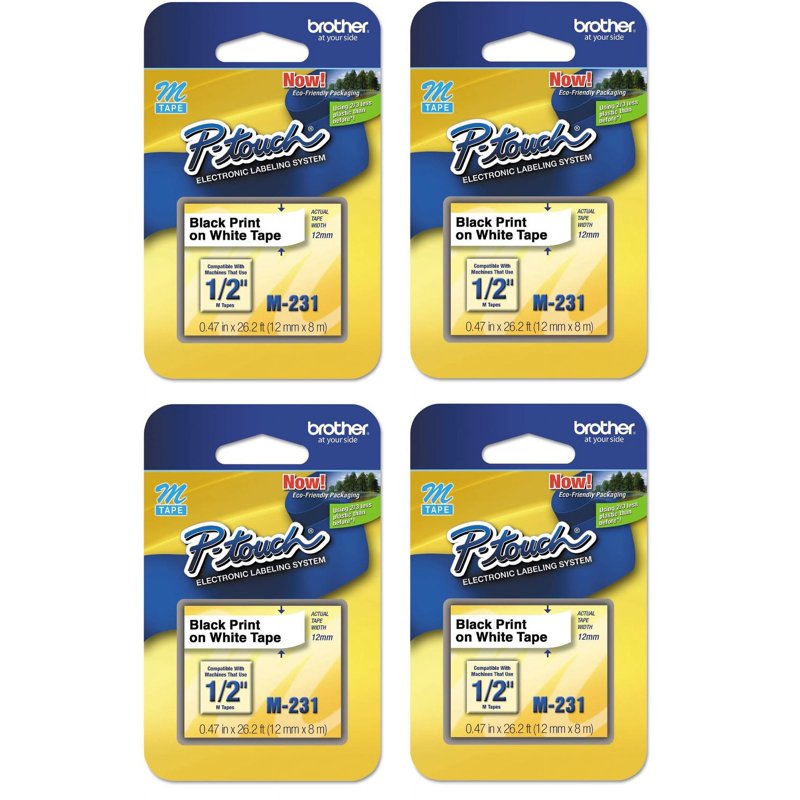 Brother Laminated P-Touch Label Maker Tape 1/2 Inch Black on White, 4 Pack