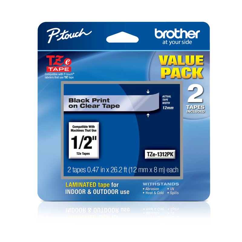 Brother Laminated Label Tape - Black on Clear, Water & Chemical Resistant, 2-Pack