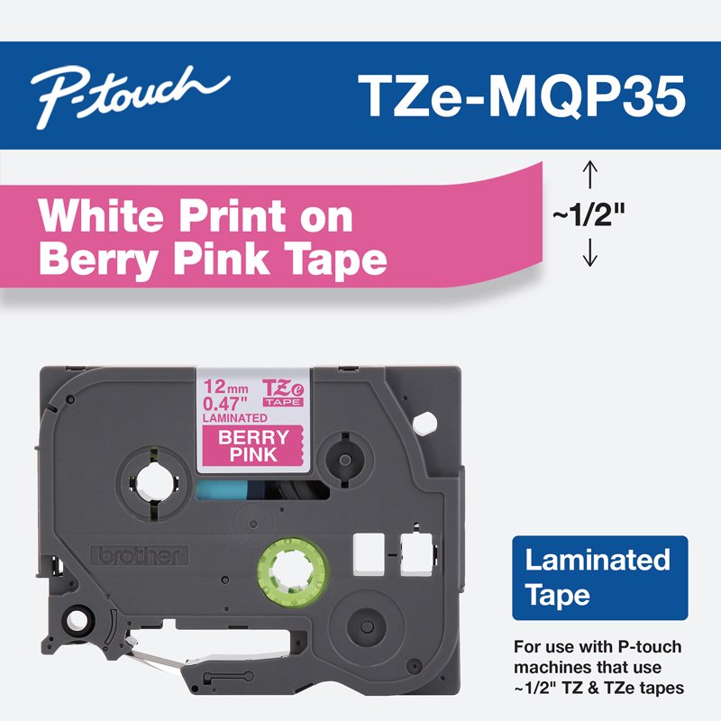 Brother P-Touch Label Tape 0.47" x 26.2' White on Berry Pink Durable Water-Resistant Laminated