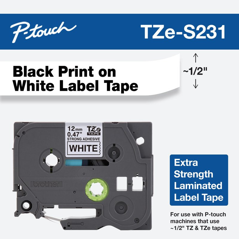 Heavy-Duty Laminated Label Tape for P-Touch Machines - Black on White, 1/2"
