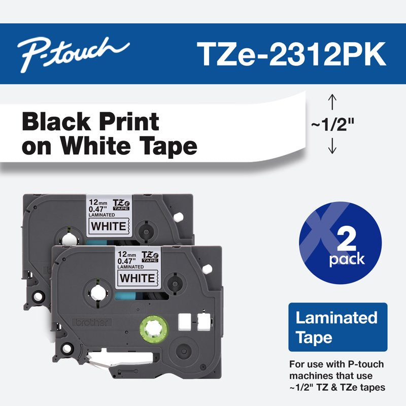 Brother Laminated Adhesive Labeling Tape 1/2" W Black on White 2 Pack