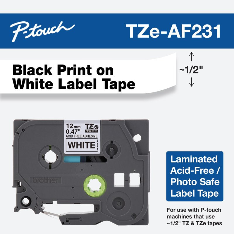 Black on White Laminated Label Tape 1/2 Inch Acid-Free for Label Makers