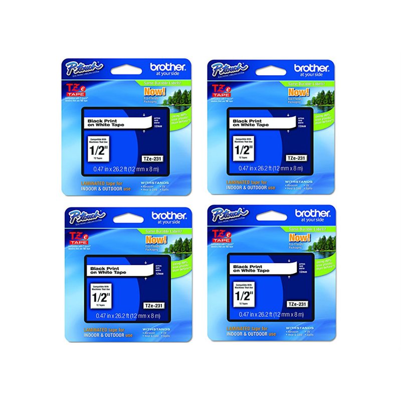 Laminated Label Tape for P-Touch Labelers - Black on White, 1/2 Inch, 4 Pack