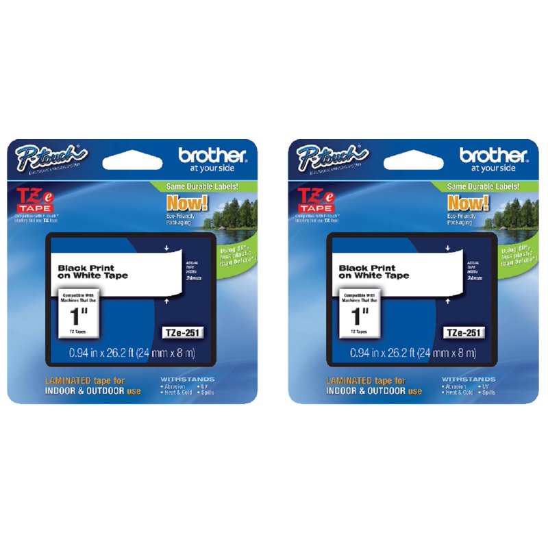 Brother TZe-251 2-Pack Laminated Label Tape for P-Touch, Black on White, 0.94" x 26.2 ft