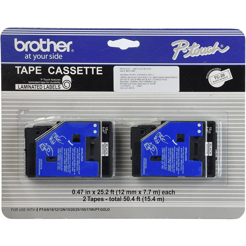 Brother Black-On-White Label Tape 0.5 Inch x 25 Feet Pack of 2