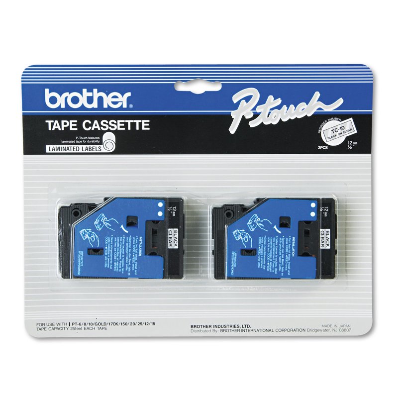 Brother P-Touch Label Tape Cartridges 1/2" Black on Clear 2-Pack