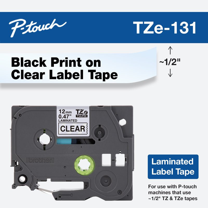 Brother TZe131 Laminated Label Tape 0.47" x 26.2' Black on Clear Durable Water-Resistant
