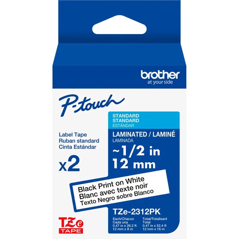 Brother TZe2312PK Black on White Laminated Label Tape 2-Pack for P-touch