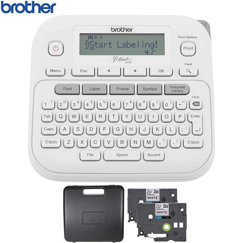 Brother PTD220 Label Maker Bundle with Laminated Tape & Carry Case