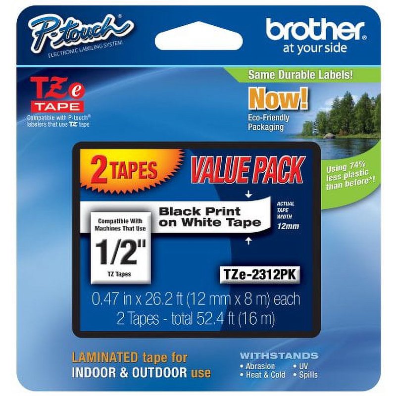 Brother Laminated P-Touch Tape 1/2 Inch Black on White, 26.2 Feet - 2 Pack