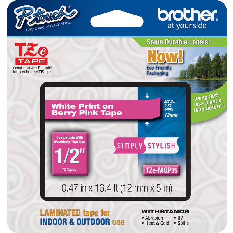 Brother 0.47" White on Berry Pink Laminated Label Tape for P-Touch