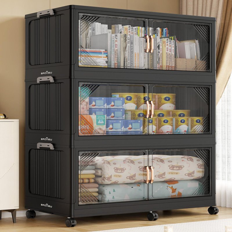 Large Stackable Storage Bins with Lids - Collapsible Closet Organizers, Wheels and Anti-Tip Design, 3 Pack