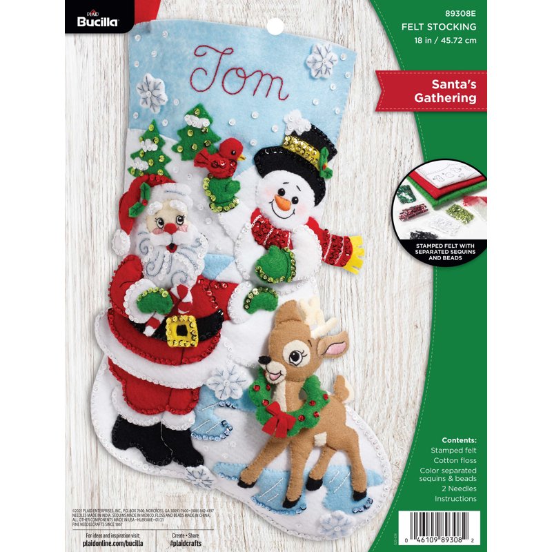 Holiday Felt Stocking Kit - Santa, Snowman & Reindeer Design, 18 Inches
