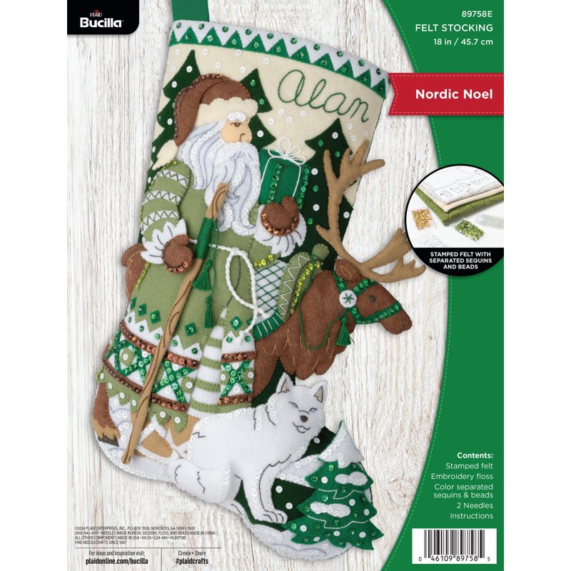 Christmas Stocking Embroidery Kit with Felt Applique - Nordic Noel Design, 18 Inch