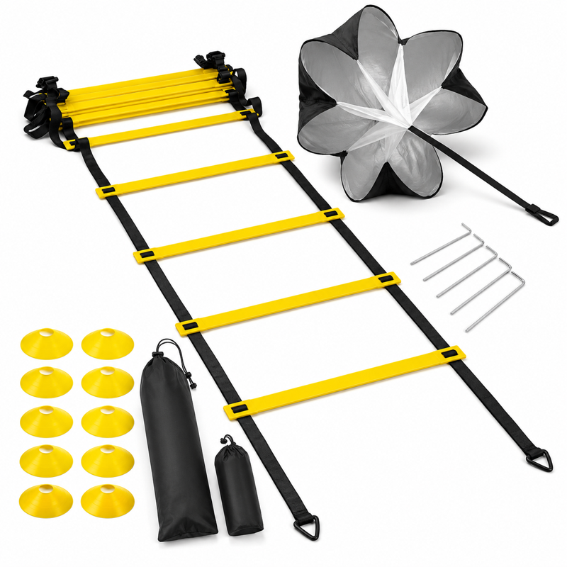 Agility Ladder Speed Training Set - 20 ft Adjustable Ladder, 12 Cones, 4 Stakes, Parachute & Carry Bag