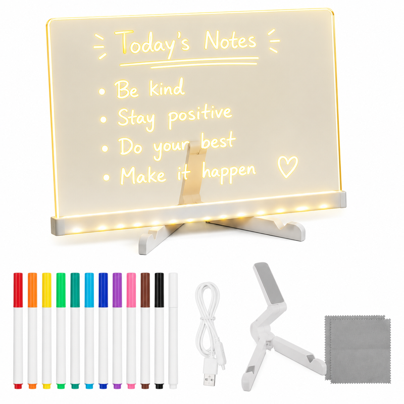 LED Note Board with Markers - Light Up Acrylic Dry Erase Message Board, USB Powered, 11.8 x 7.9 inches