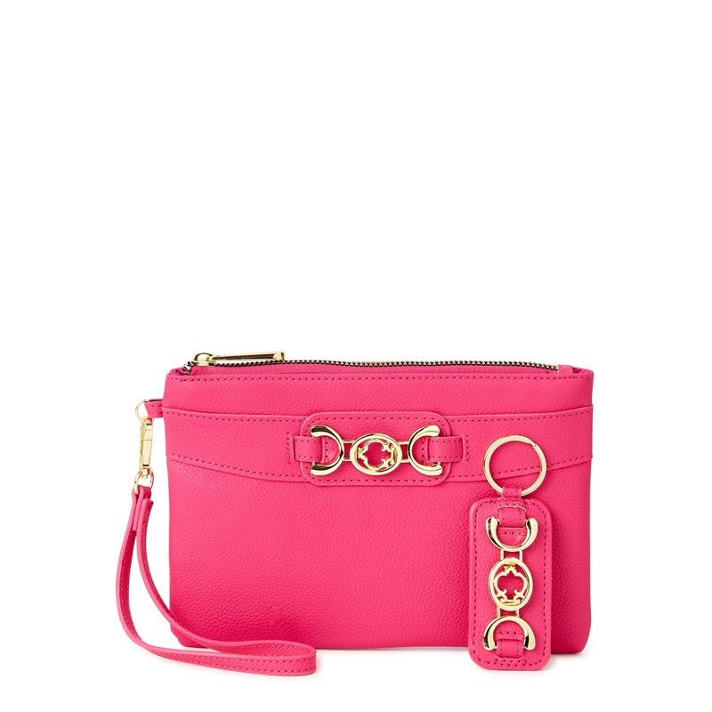 Women's Wristlet Wallet and Key Fob Set - Bright Azalae Vegan Leather