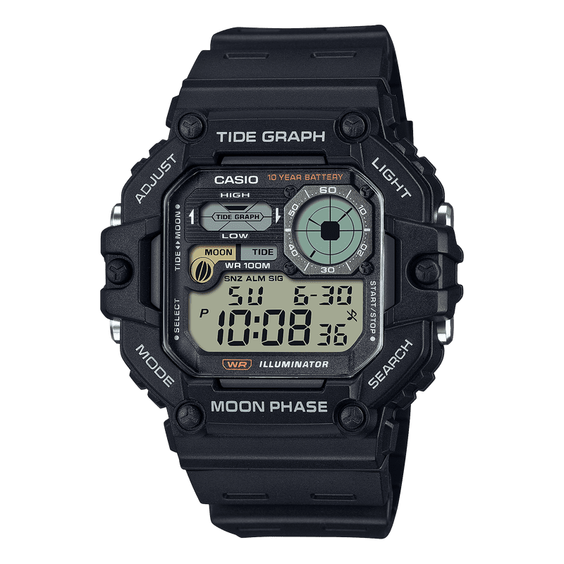 Digital Fishing Watch with Tide & Moon Graphs, 10-Year Battery, 100M Water-Resistant