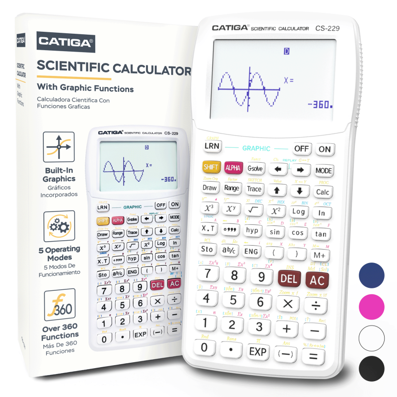 Scientific Graphing Calculator with Graphic Functions - Black, Pink, Solar, White Options