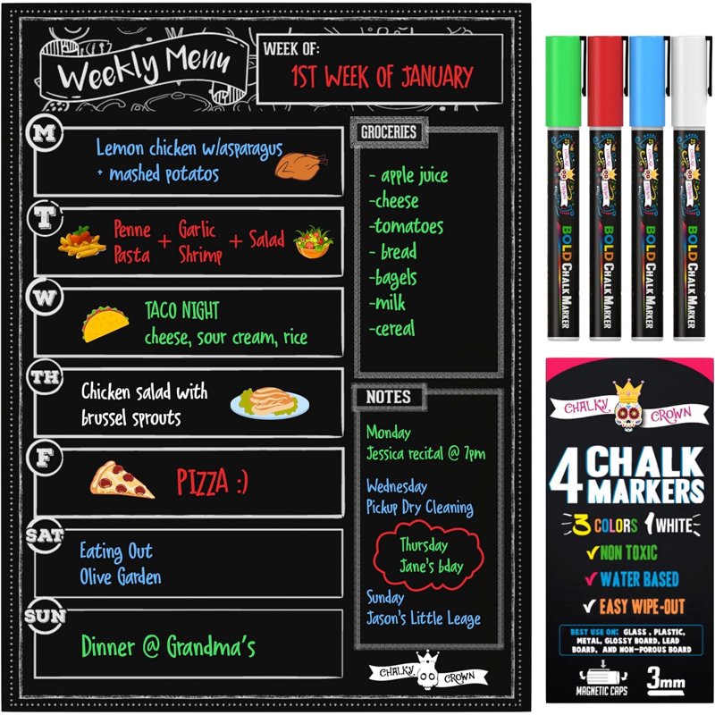Magnetic Dry Erase Menu Board for Refrigerator with 4 Chalk Markers - Weekly Meal Planner & Grocery List, 15.6 x 11.6 Inches