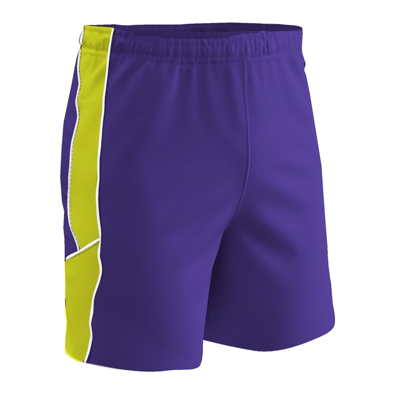 CHAMPRO Header Soccer Shorts – Adult Small, Purple with Optic Yellow Inserts