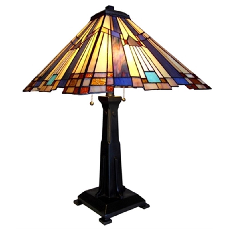 Tiffany-Style Mission Table Lamp with 2 Lights, 15-Inch Shade, Dark Antique Bronze