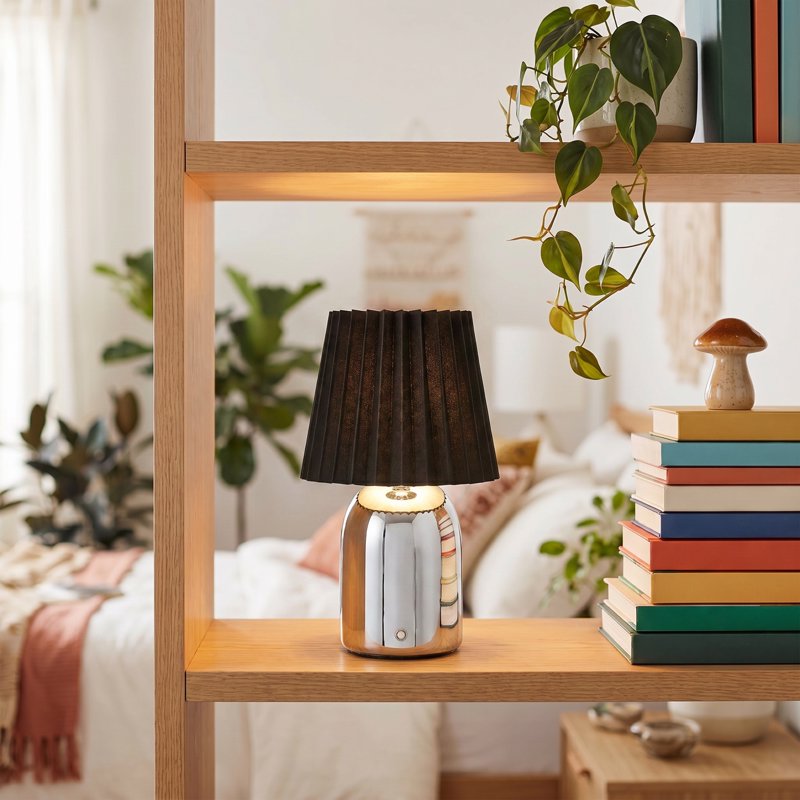 Rechargeable LED Portable Table Lamp with Touch Control - Chrome Finish, Black Linen Shade