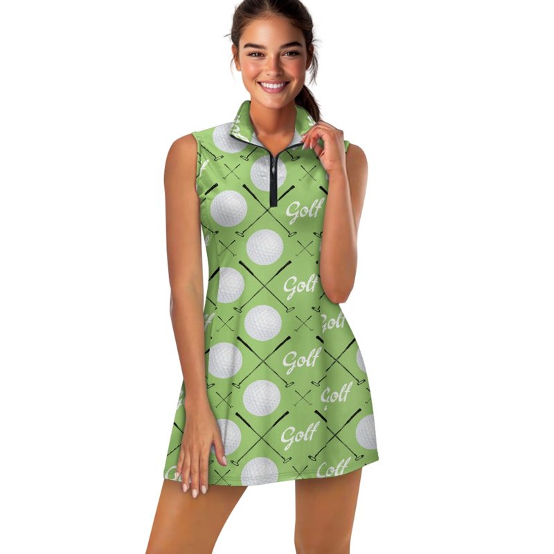 Golf Ball Club Green Print Sleeveless Golf Dress Two-Piece Set with Built-In Shorts - 2XL