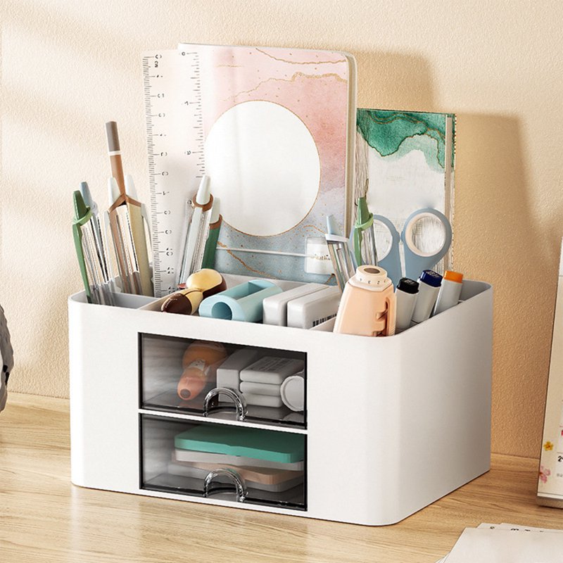 Desk Organizer with 2 Drawers and Multi-Compartment Storage for Office & Study Supplies - White