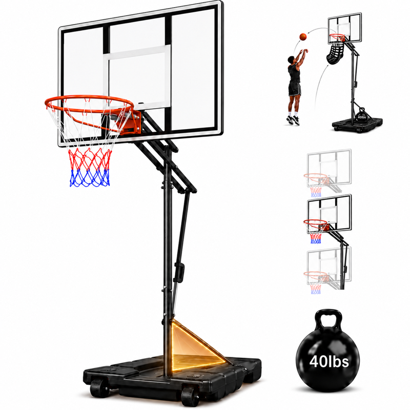 Portable Basketball Hoop with Adjustable Height 5.58-10 ft, 44-Inch Shatterproof Backboard & Rollers