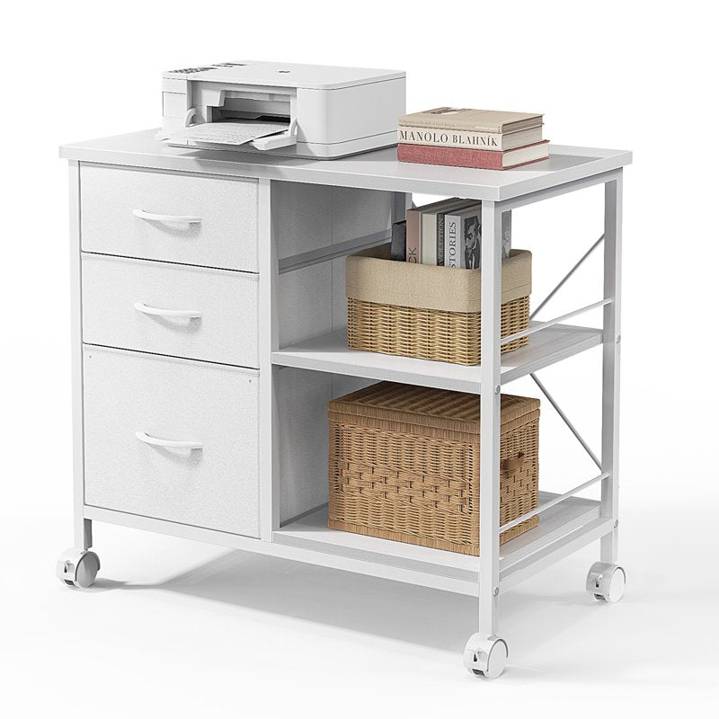 Rolling File Cabinet with Open Shelf - 3 Drawers, Fabric Storage, Mobile Office Organizer