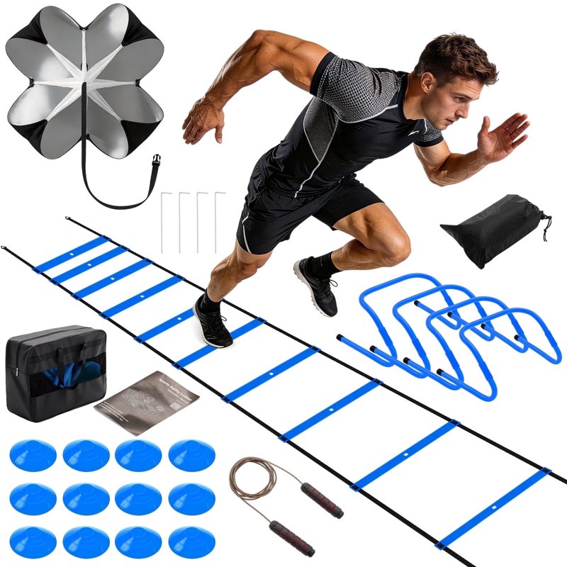 SHOUFTW Agility Ladder Training Set with Speed Parachute, Hurdles, Cones, Jump Rope - Blue