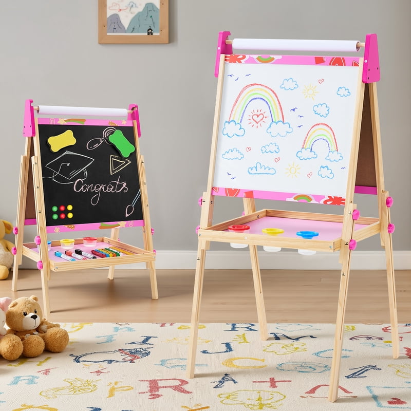 Kids Double-Sided Magnetic Whiteboard & Chalkboard Easel with Paper Roll - Adjustable, Storage Shelf & Art Supplies