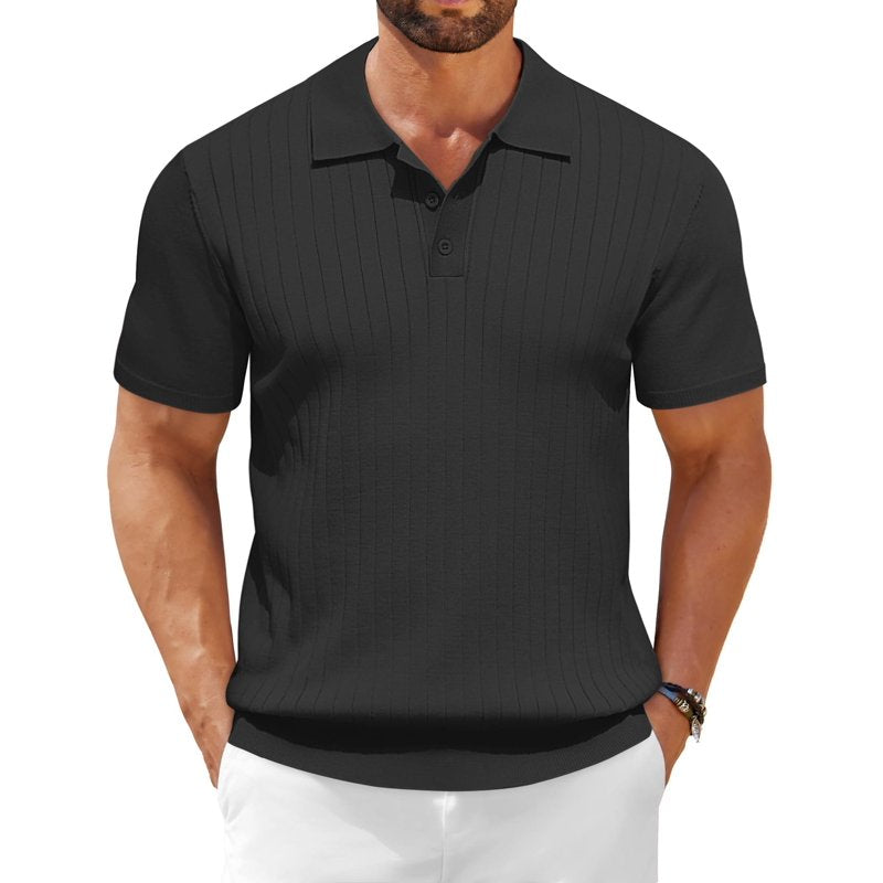 Men's Ribbed Knit Polo Shirt Short Sleeve Casual Golf Business Wear