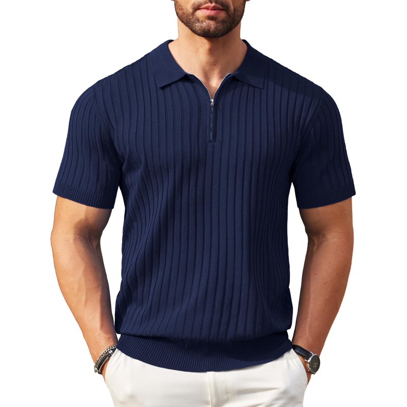 Men's Zipper Polo Shirt - Casual Ribbed Knit Golf T-Shirt for Men