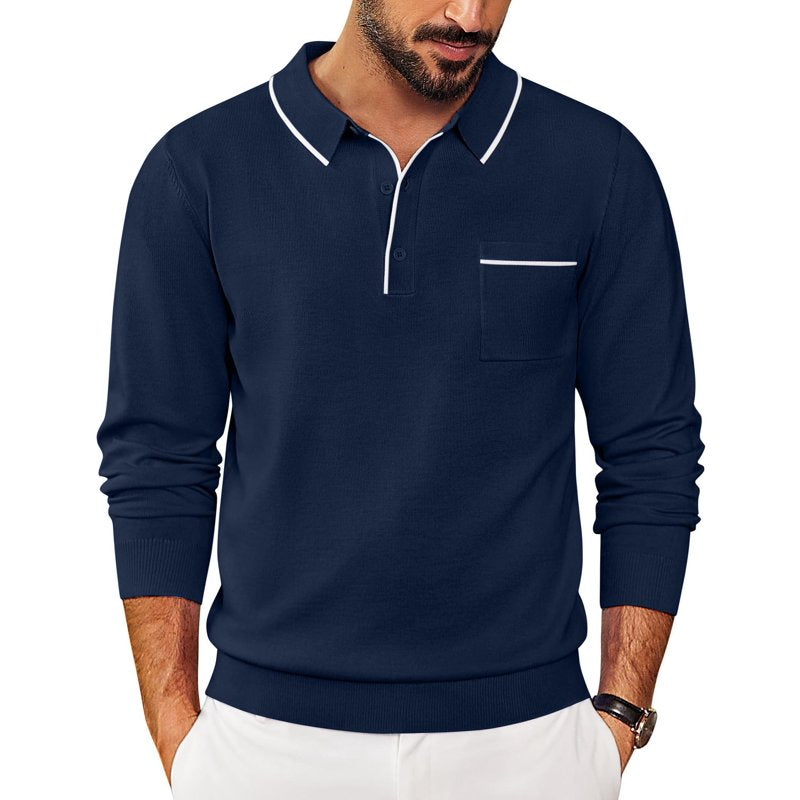Men's Knit Polo Shirt Long Sleeve Casual Business Sweater with Pocket