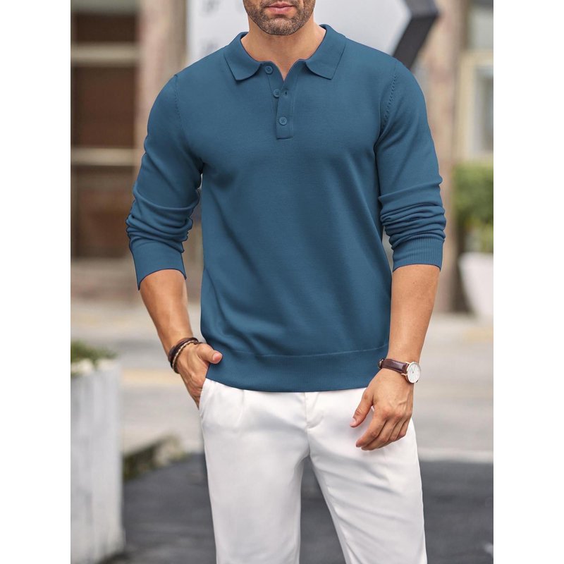 Men's Slim Fit Long Sleeve Polo Shirt with Button-Down Collar and Stretch Knit Fabric