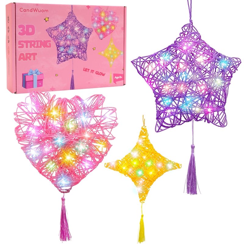 Kids 3D Light Up String Art Craft Kit for Girls Ages 8-12 - Heart, Star, Diamond Lanterns