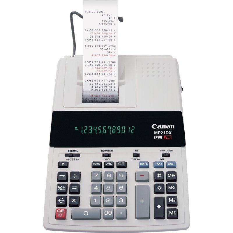 12-Digit White Printing Calculator with Large Keys and Fluorescent Display