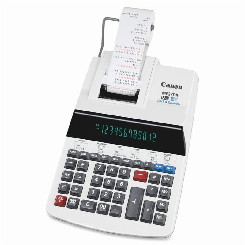 12-Digit Printing Calculator with Dual Color Print and Clock - White