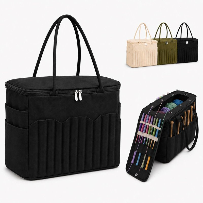 Large Canvas Yarn Storage Bag with Multiple Pockets & Yarn Holes for Knitting Crochet