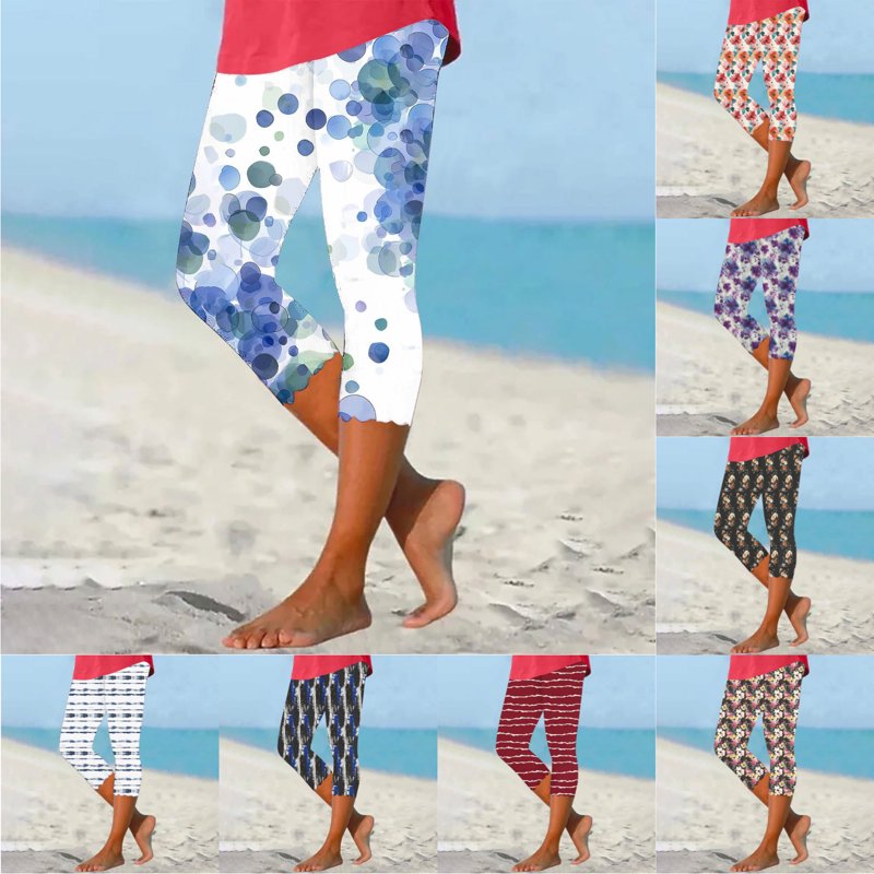 Women's Floral Print High Waist Crop Yoga Pants - Lightweight Summer Capris