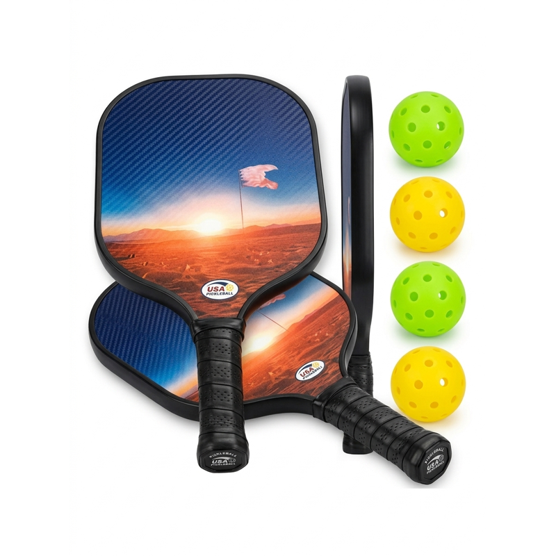 Carbon Fiber Pickleball Set - 2 Paddles + 4 Balls, Desert Sunset Design