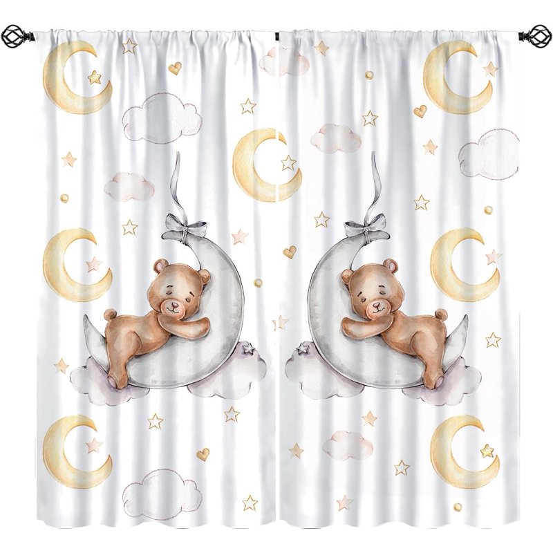 Kids Cartoon Bear Watercolor Curtain Set - Insulated Window Treatments for Nursery & Bedroom