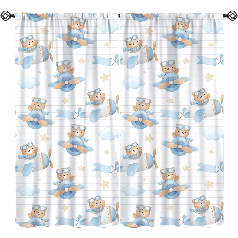 Kids Cartoon Bear Curtain Set with Insulated Drapes - Blue & White Striped Window Treatments, 2 Panels, Multiple Sizes