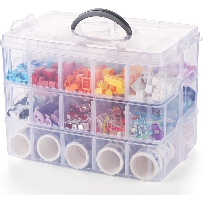 Large 3-Layer Clear Plastic Craft Storage Box with 30 Adjustable Compartments
